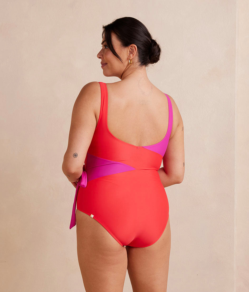 Model in One Piece, The Perfect Wrap One Piece- Hibiscus & Grapefruit