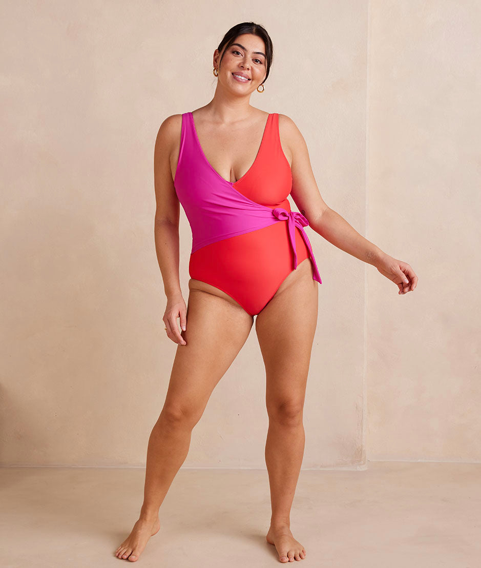 Model in One Piece, The Perfect Wrap One Piece- Hibiscus & Grapefruit