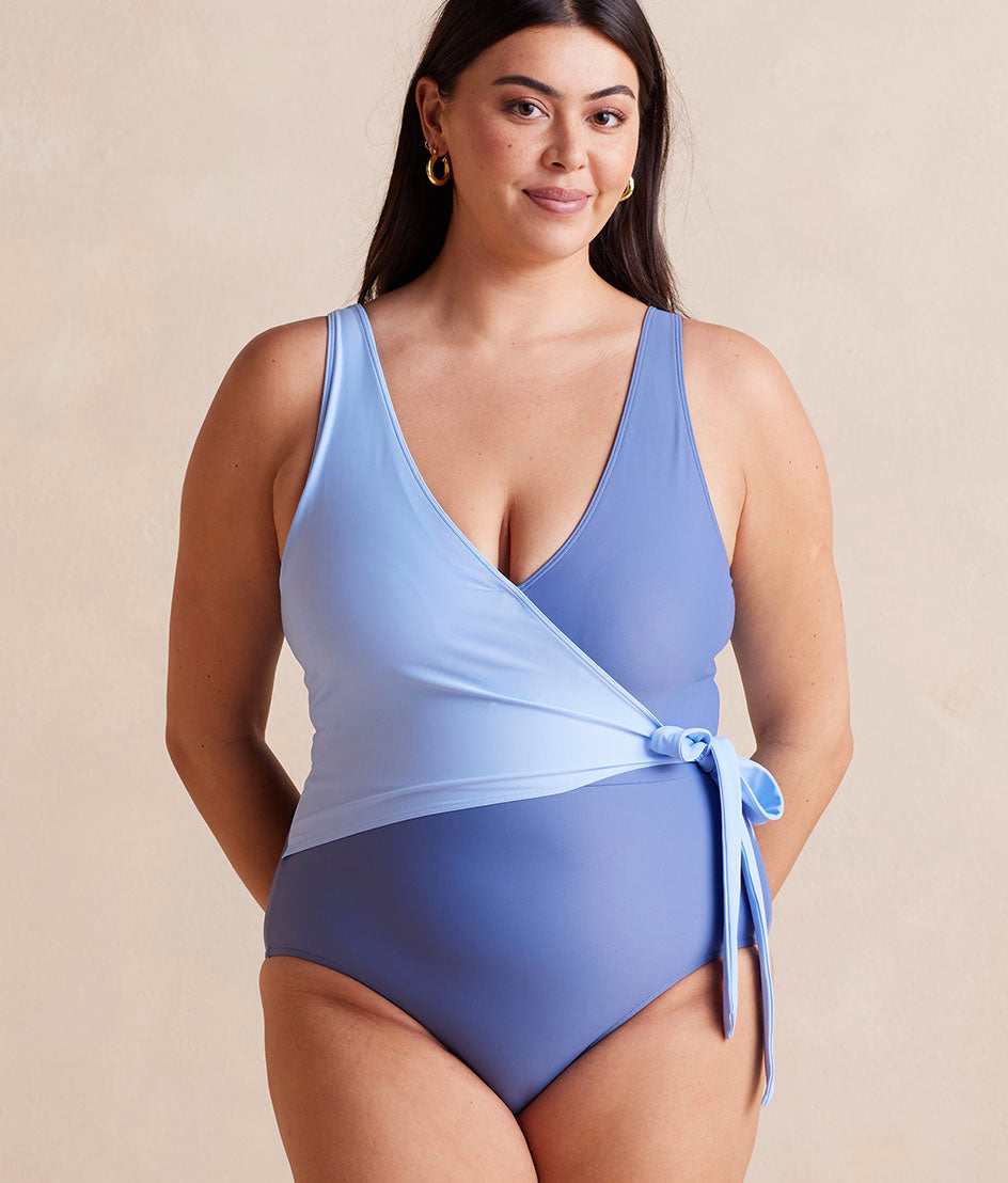 Model in One Piece, The Perfect Wrap One Piece- Sky & Blue Mountain