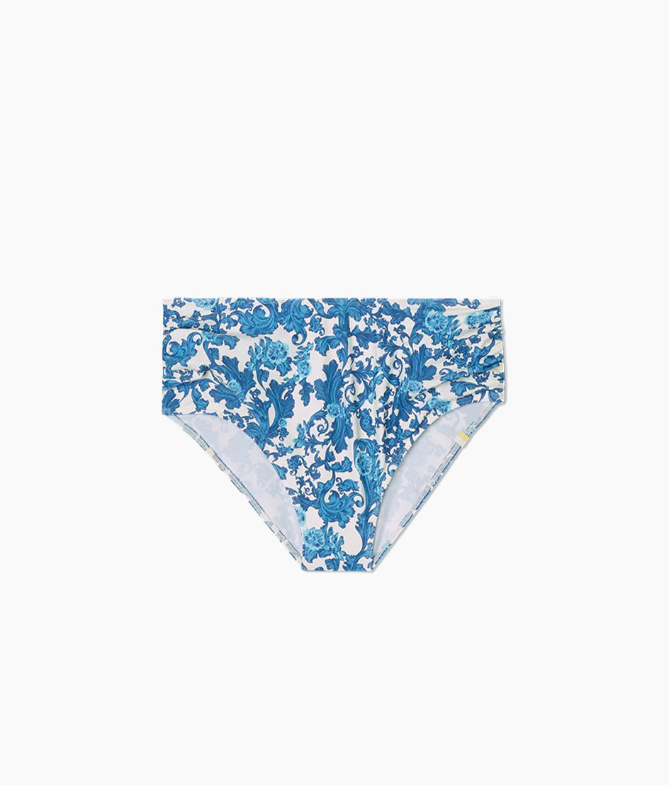 Flat Lay: The Ruched High Leg High Rise Bottom - Garden Floral in White Sand & Pacific