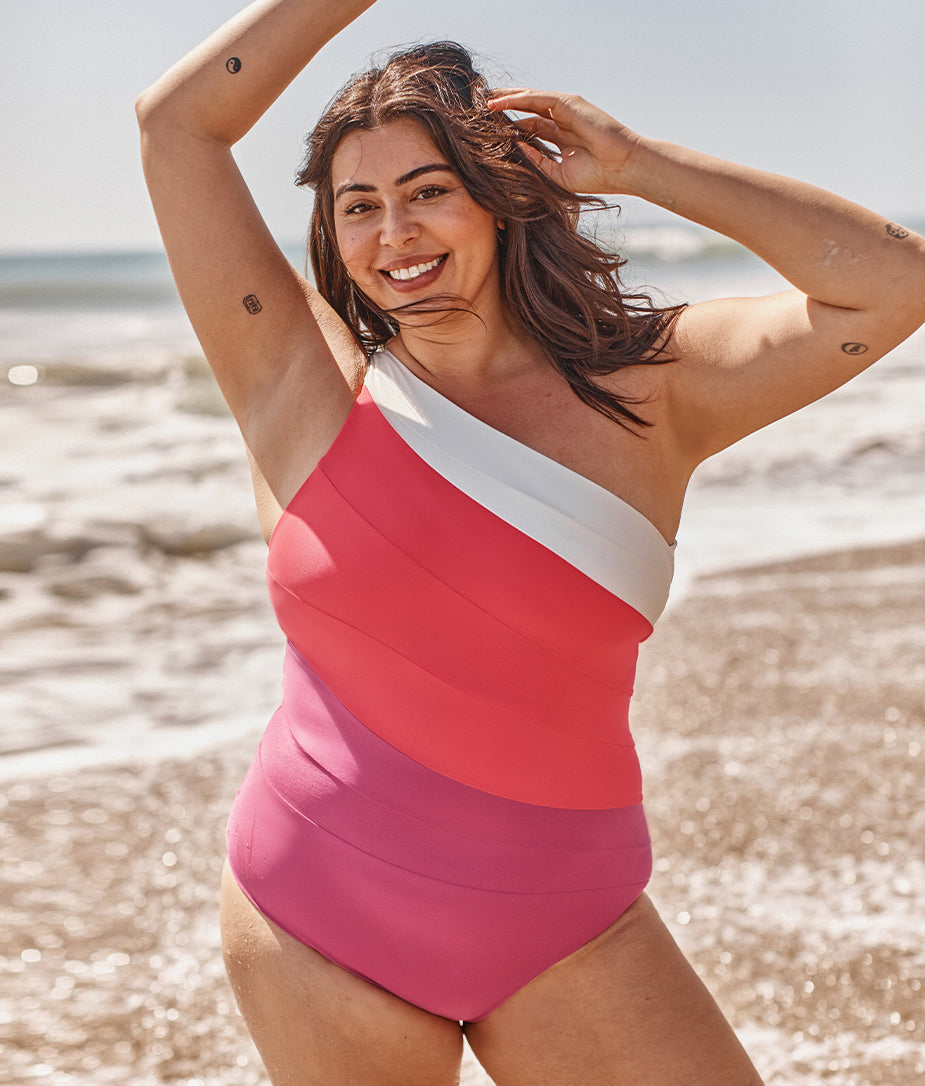 Model in One Piece Swimsuit, The Sidestroke - Spritz & Strawberry & White Sand (Bright Pink and Pink and White )