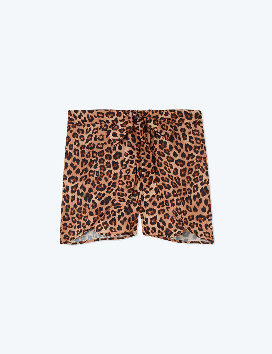 Model in Shorts, The Silky Wrap Shorts - Leopard (Classic Leopard Pattern)
