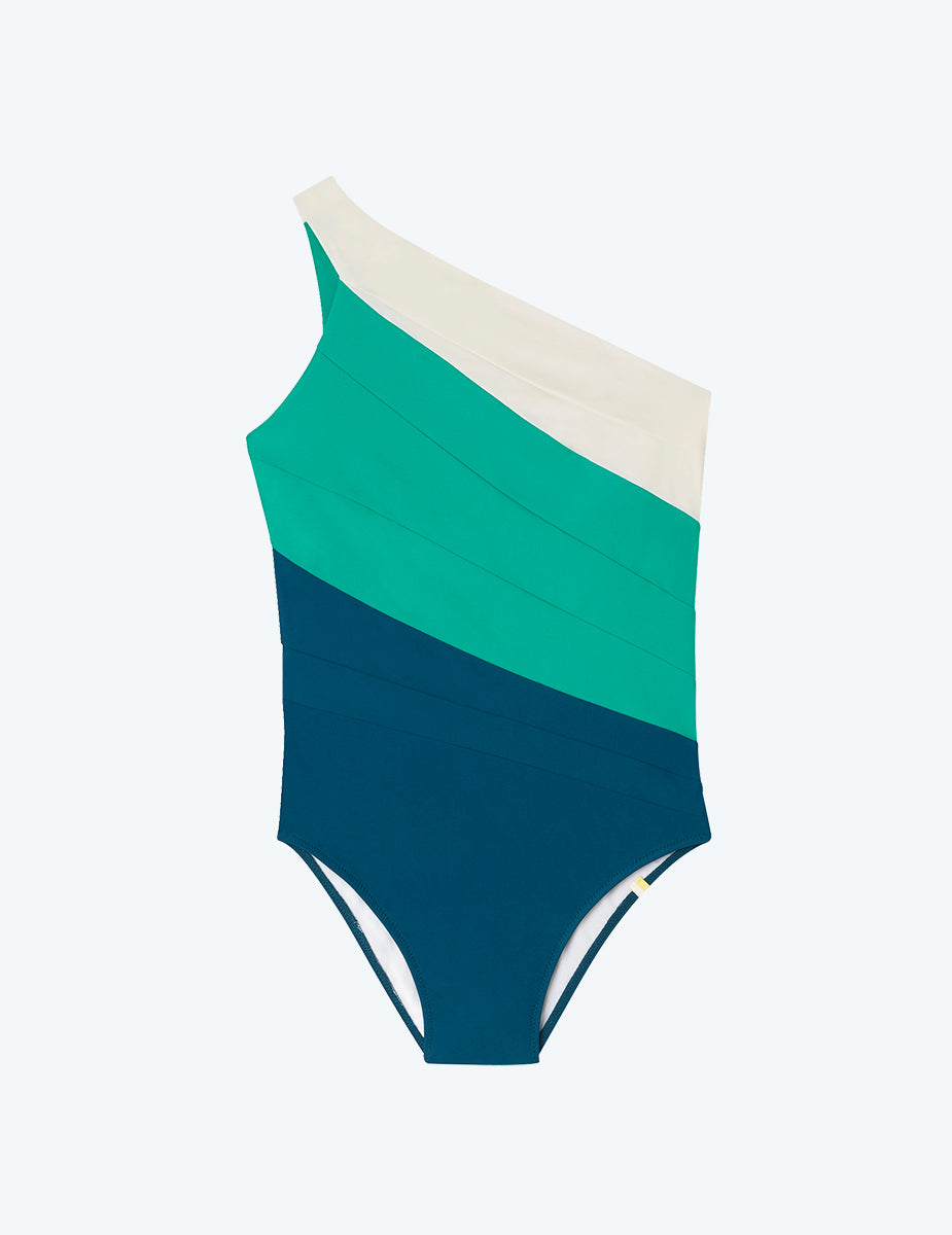 Flat Lay of One Piece, The Sidestroke- Seaweed & Seaglass & White Sand