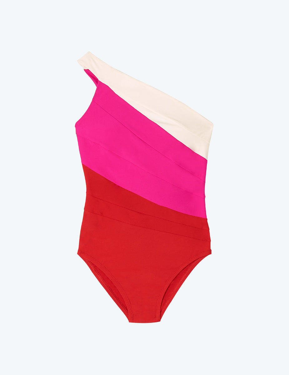 Flat Lay of One Piece, The Sidestroke- Lava & Hibiscus & White Sand