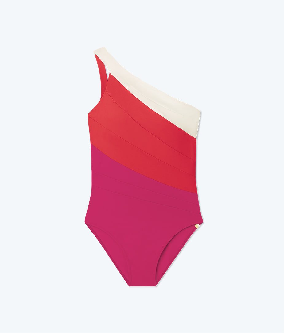 Flat Lay of One Piece Swimsuit, The Sidestroke - Spritz & Strawberry & White Sand (Bright Pink and Pink and White )
