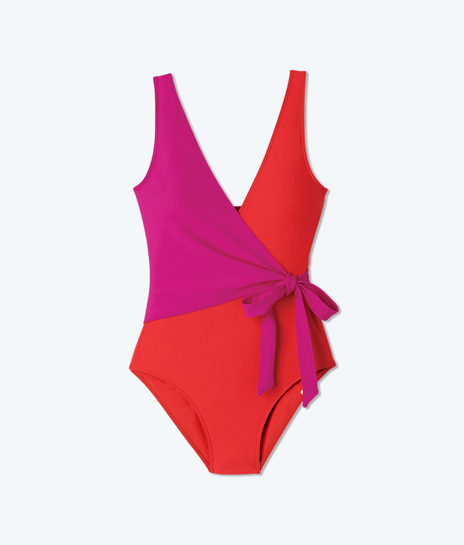 Flat Lay of One Piece, The Perfect Wrap One Piece- Hibiscus & Grapefruit