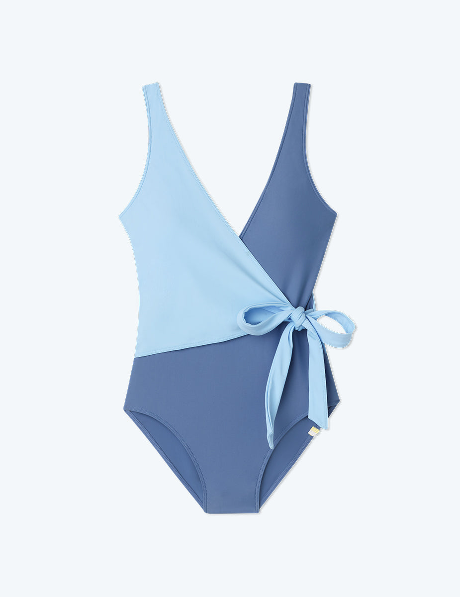 Flat Lay of One Piece, The Perfect Wrap One Piece- Sky & Blue Mountain